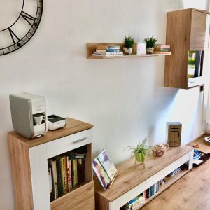 Witte Magica en Mago opgesteld op een kast in een houten interieur